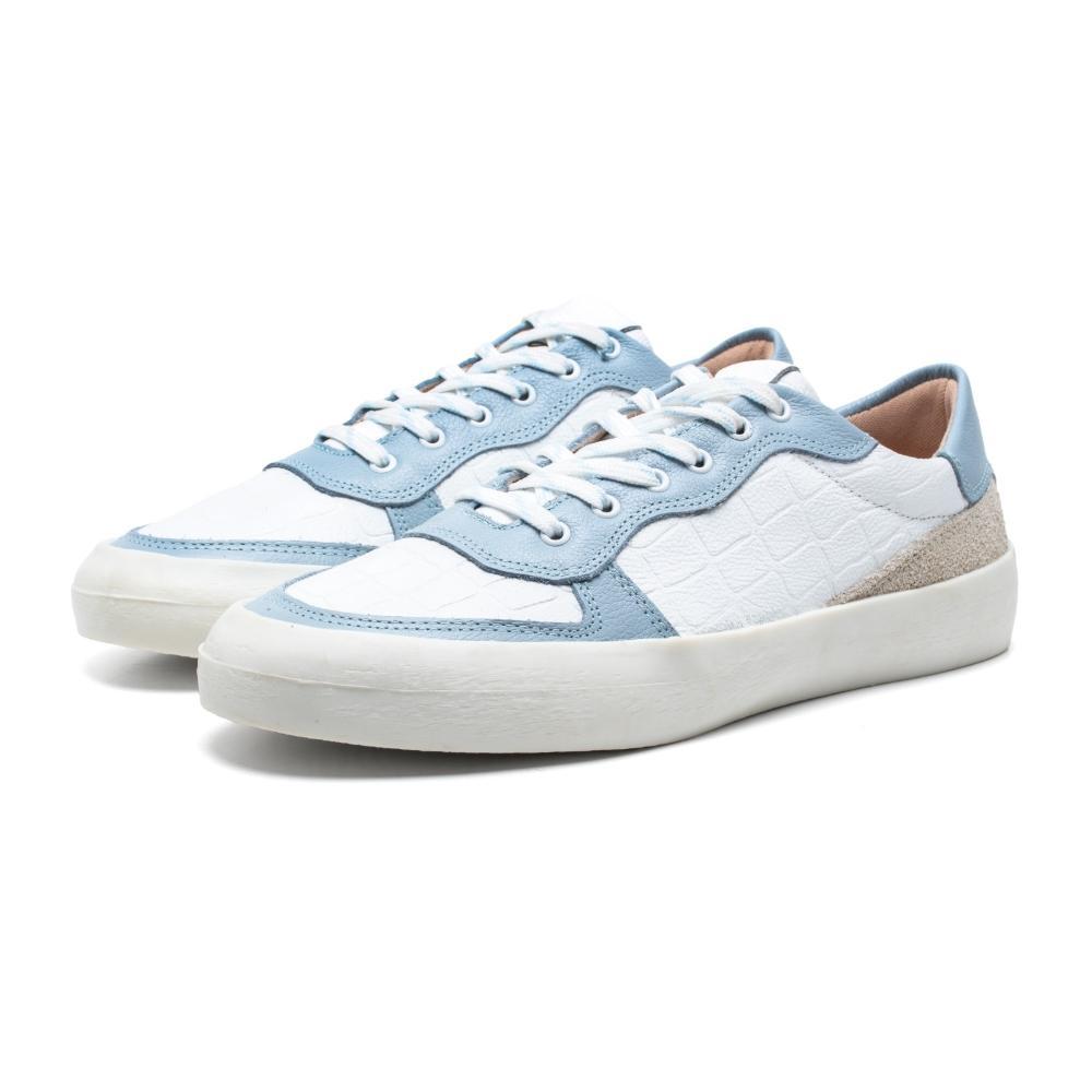 Tênis Feminino Casual Couro Recortes Fechamento Cadarço Branco/azul 34