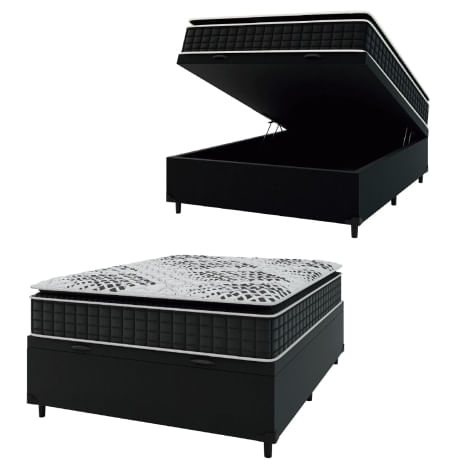 Cama Box Baú Casal Colchão Molas Ensacadas Vicenzo 138x188x69cm Preto / Branco Hellen - Suporta Até 110kg Por Pessoa