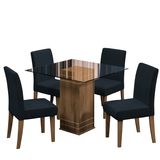 Conjunto De Mesa Sala De Jantar Com Tampo De Vidro 0,80m Onix 4 Cadeiras Trieste Cedro / Grafite