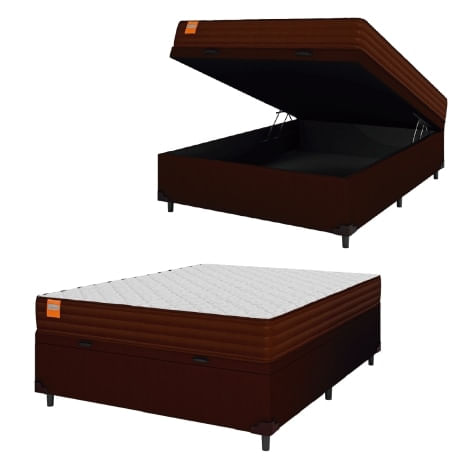 Cama Box Baú Casal Colchão Molas Ensacadas Qatar 138x188x63cm Marrom / Branco - Suporta Até 200kg Por Pessoa