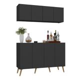 Kit Bar Armário Aéreo E Aparador 4 Portas Retrô Multimóveis Mp1086 Preto/natural