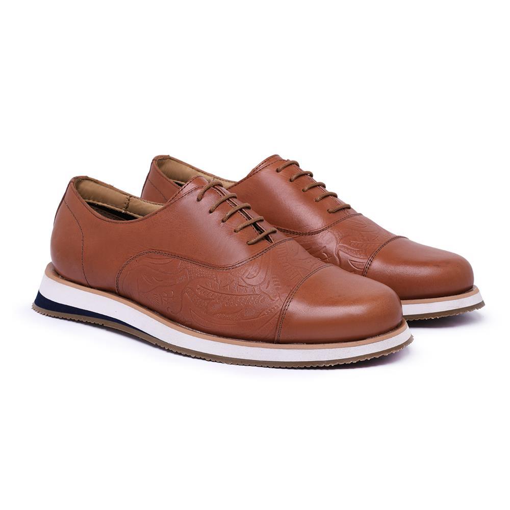 Sapato Masculino Casual Oxford Couro Moderno Bico Redondo Caramelo 41