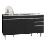 Balcão Gabinete Com Pia Inox 150cm 4 Portas 2 Gavetas Marrocos Preto - Lumil