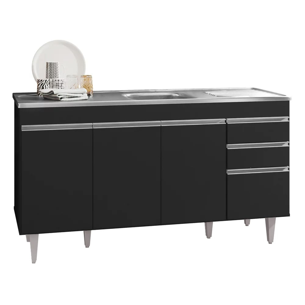 Balcão Gabinete Com Pia Inox 150cm 4 Portas 2 Gavetas Marrocos Preto - Lumil