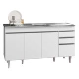 Balcão Gabinete Com Pia Inox 150cm 4 Portas 2 Gavetas Marrocos Branco - Lumil