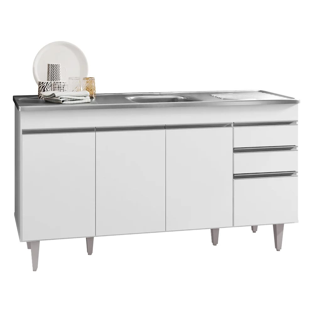 Balcão Gabinete Com Pia Inox 150cm 4 Portas 2 Gavetas Marrocos Branco - Lumil