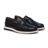 Sapato Masculino Casual Couro Loafer Textura Bico Redondo Preto 44