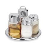 Kit Galheteiro Vidro Redondo 5 Peças Base Inox Mesa Salada Saleiro Pimenteiro Azeiteiro Vinagreiro