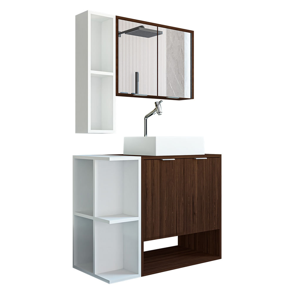 Gabinete Banheiro Star Com Cuba Dalla E Valvula Click Inox Nogal/branco