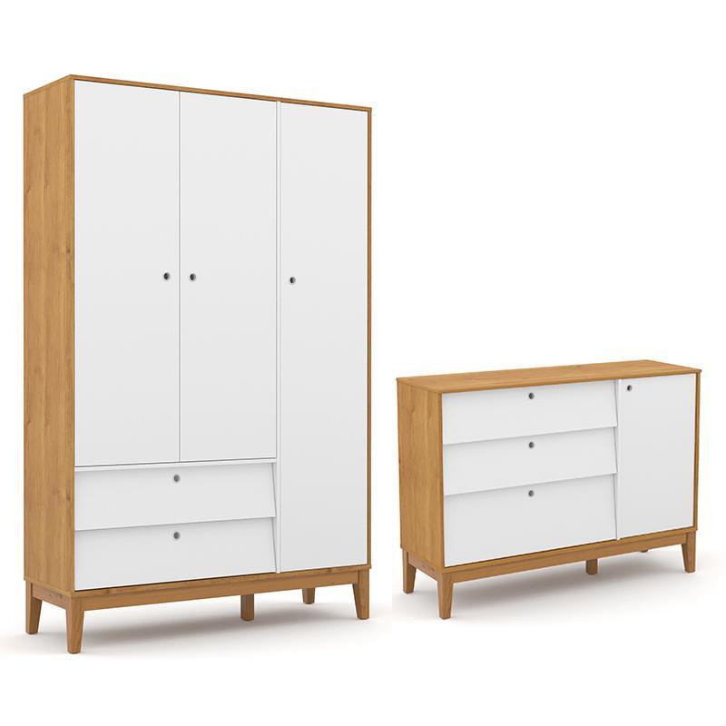 Jogo De Quarto Infantil Unique Guarda Roupa 3 Portas E Cômoda Com Porta Freijó/branco Soft/eco Wood - Matic Móveis