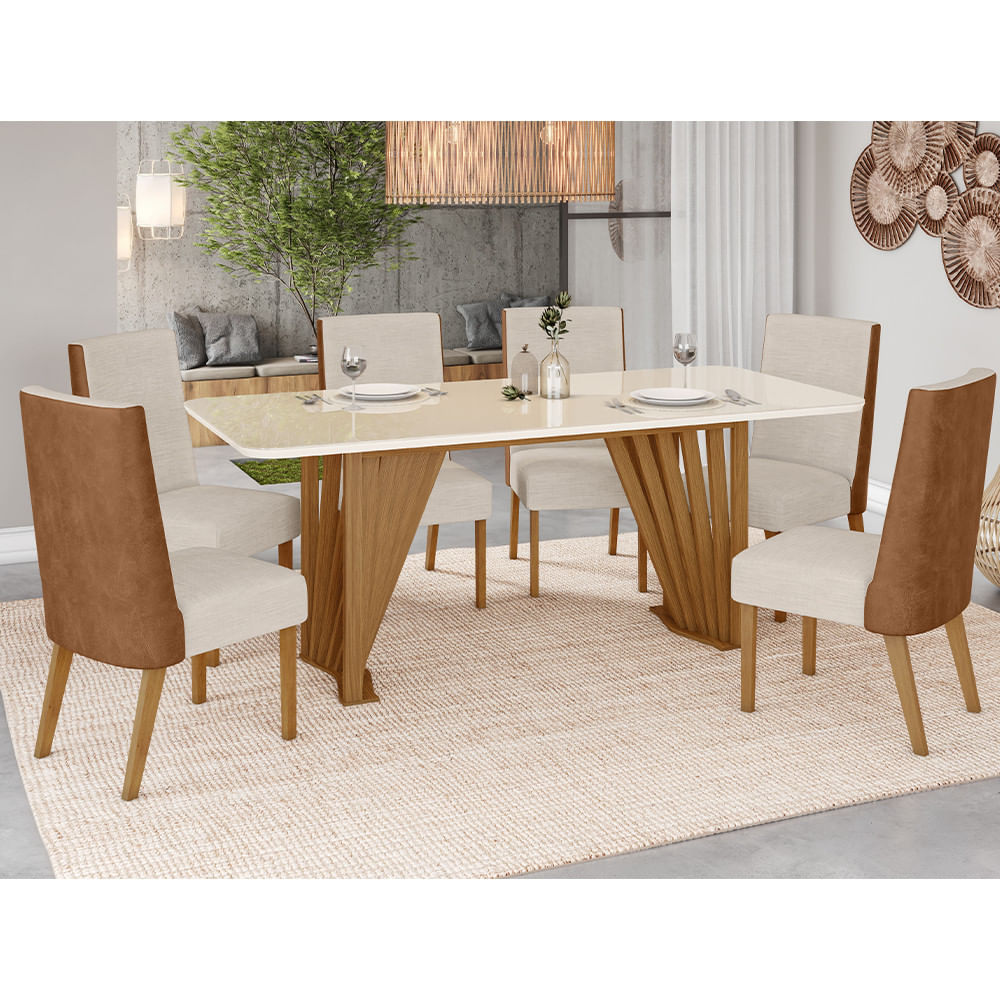 Conjunto Mesa De Jantar Henn Adriana Tampo De Vidro Com 6 Cadeiras