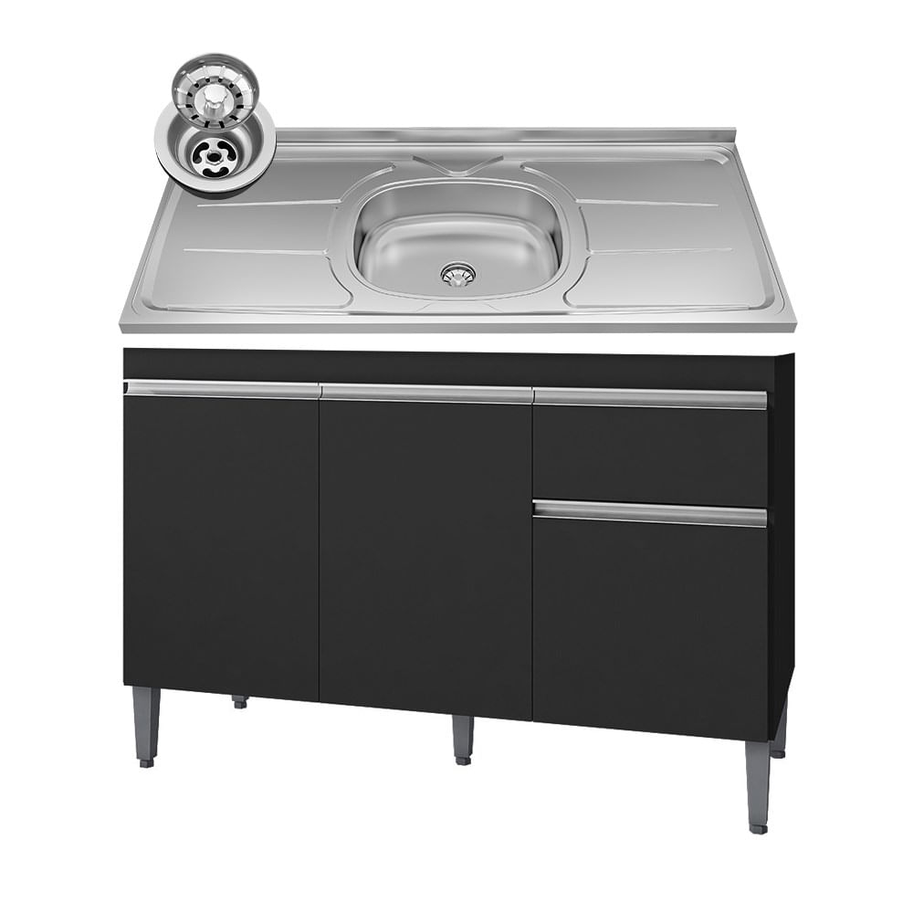 Balcão Gabinete Com Pia Inox 120cm 3 Portas E 1 Gaveta Tatiane Preto - Ajl Móveis