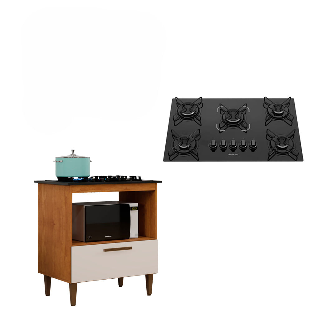 Kit Balcão Cooktop Itatiaia 1 Porta Nature Off White Com Fogão Cooktop 5 Bocas