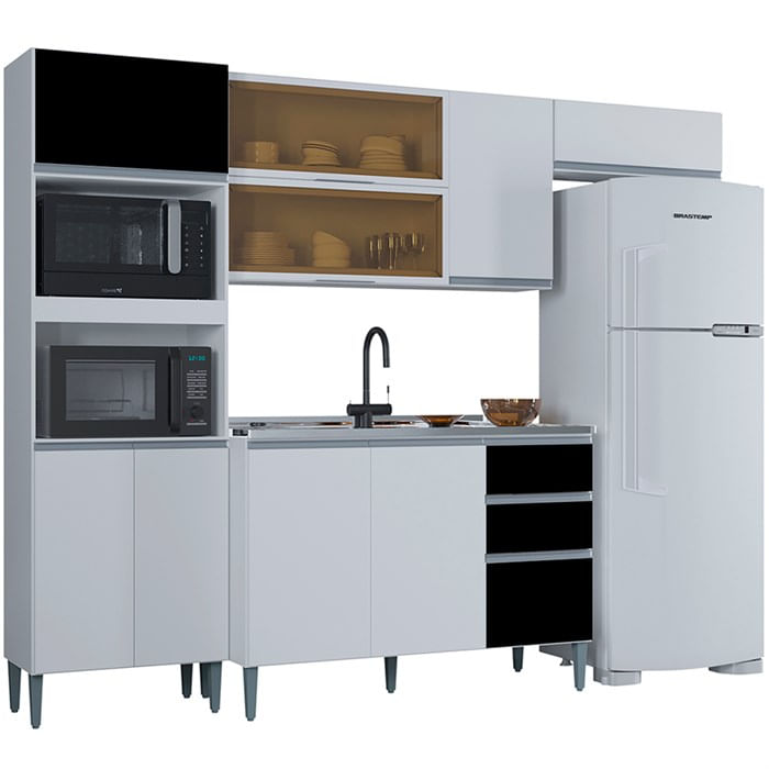 Cozinha Compacta 205 Cm Com Balcao Pia Branco Preto Poqq