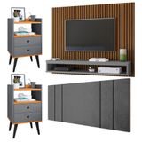 Painel Ripado Freijó Tv 50 Polegadas Cissa Cabeceira Estofada Cama Box Casal Luana1,40 Kit 2 Mesinhas Quarto Gaveta Nicho Dream Cinza/cinamomo Rpm
