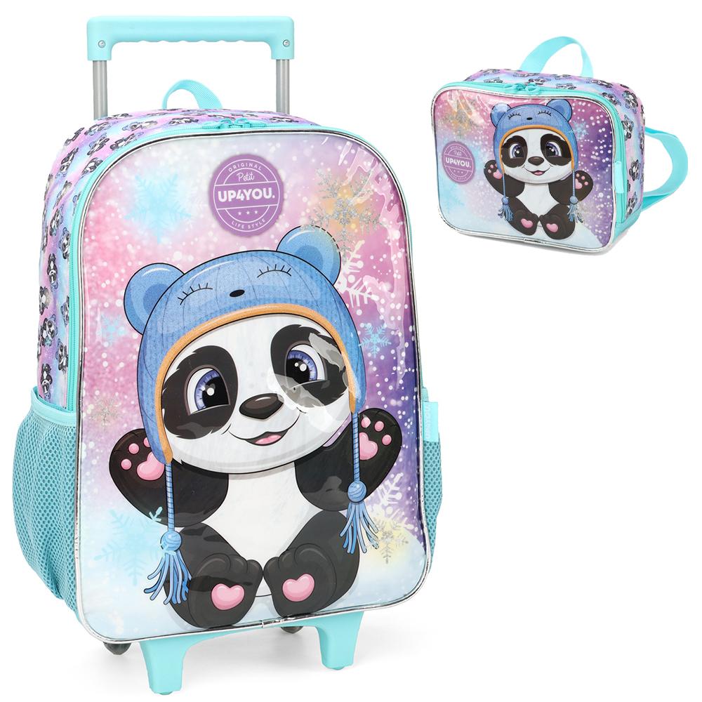 Kit Mochila Rodinhas Lancheira Luxcel Up4you Panda Verde