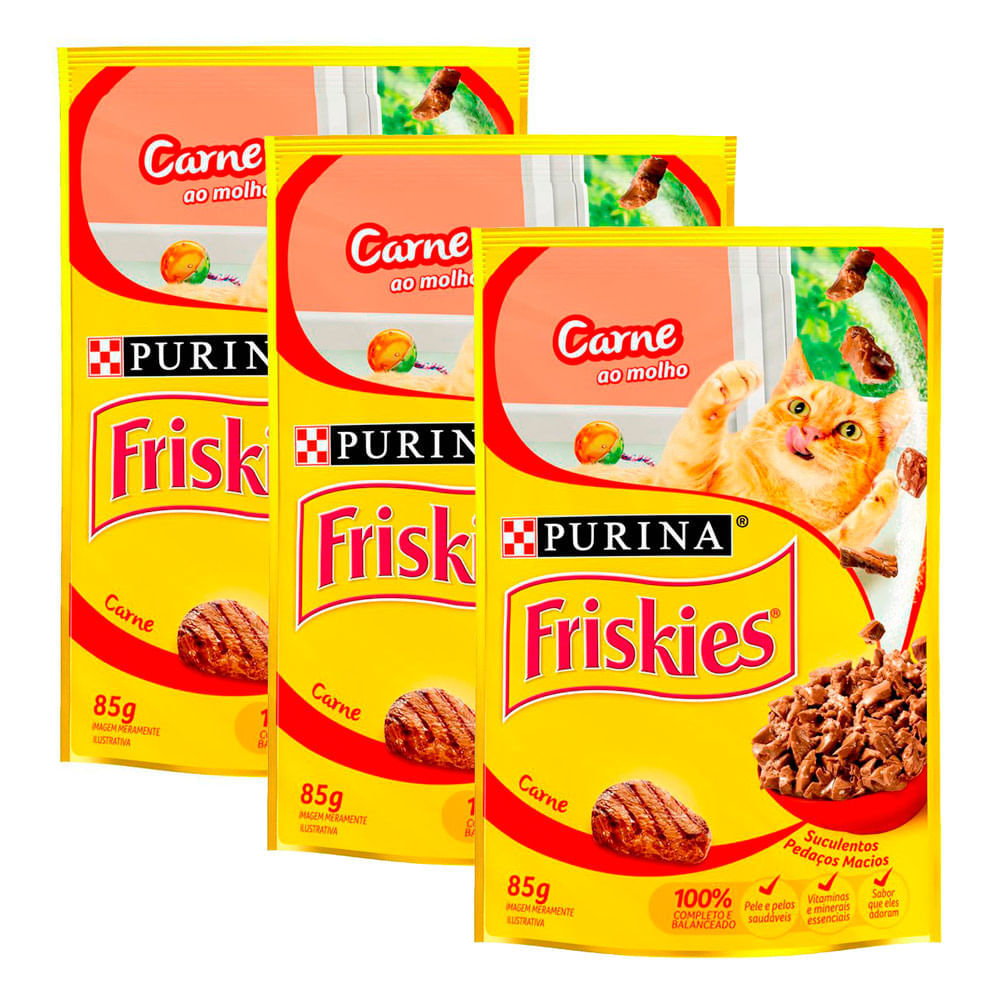 Kit 3 Ração Úmida Para Gatos Friskies Adultos Sabor Carne Ao Molho Em Sachê 85g