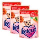 Kit 3 Ração Úmida Para Gatos Kelcat Sabor Carne Com Ervilha E Cenoura Em Sachê 85g