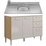 Balcão De Cozinha Com Pia Inox 120cm 3 Portas 2 Gavetas Livy P11 Damasco/off White - Mpozenato