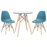 KIT - Mesa Eames 70 cm com tampo de vidro + 2 cadeiras Eames Eiffel DSW - Turquesa