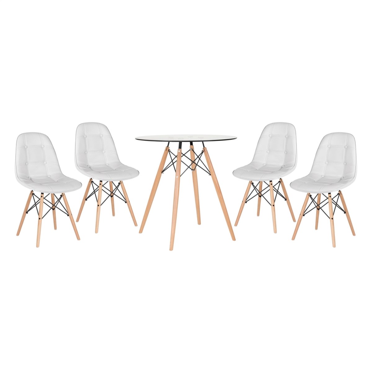 KIT - Mesa Eames 70 cm com tampo de vidro + 4 cadeiras Eames Botonê - Cinza claro