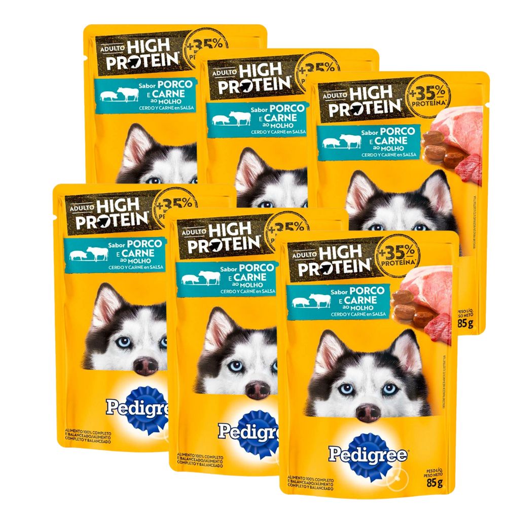 Kit 6 Ração Úmida Para Cachorro Pedigree High Protein Adulto Sabor Porco E Carne Ao Molho Em Sachê 100g