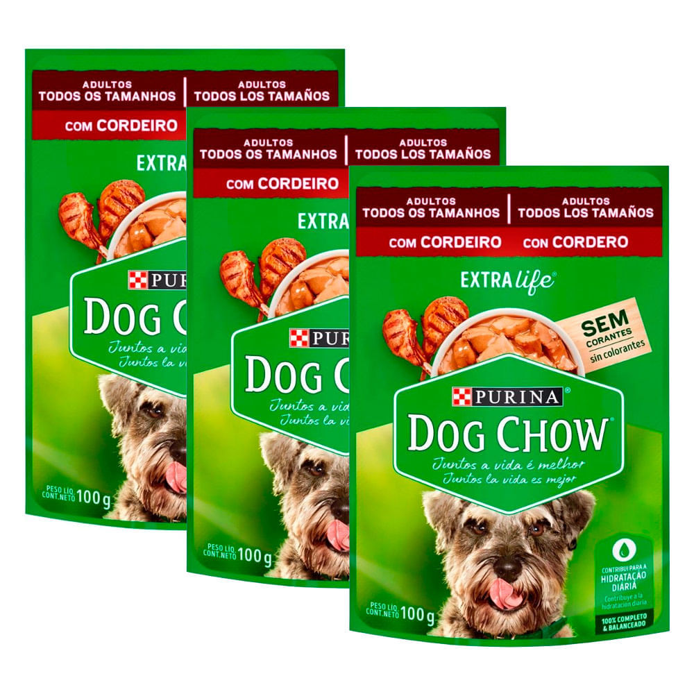 Kit 3 Ração Úmida Para Cachorro Dog Chow Adulto Extra Life Sabor Cordeiro Em Sachê 100g