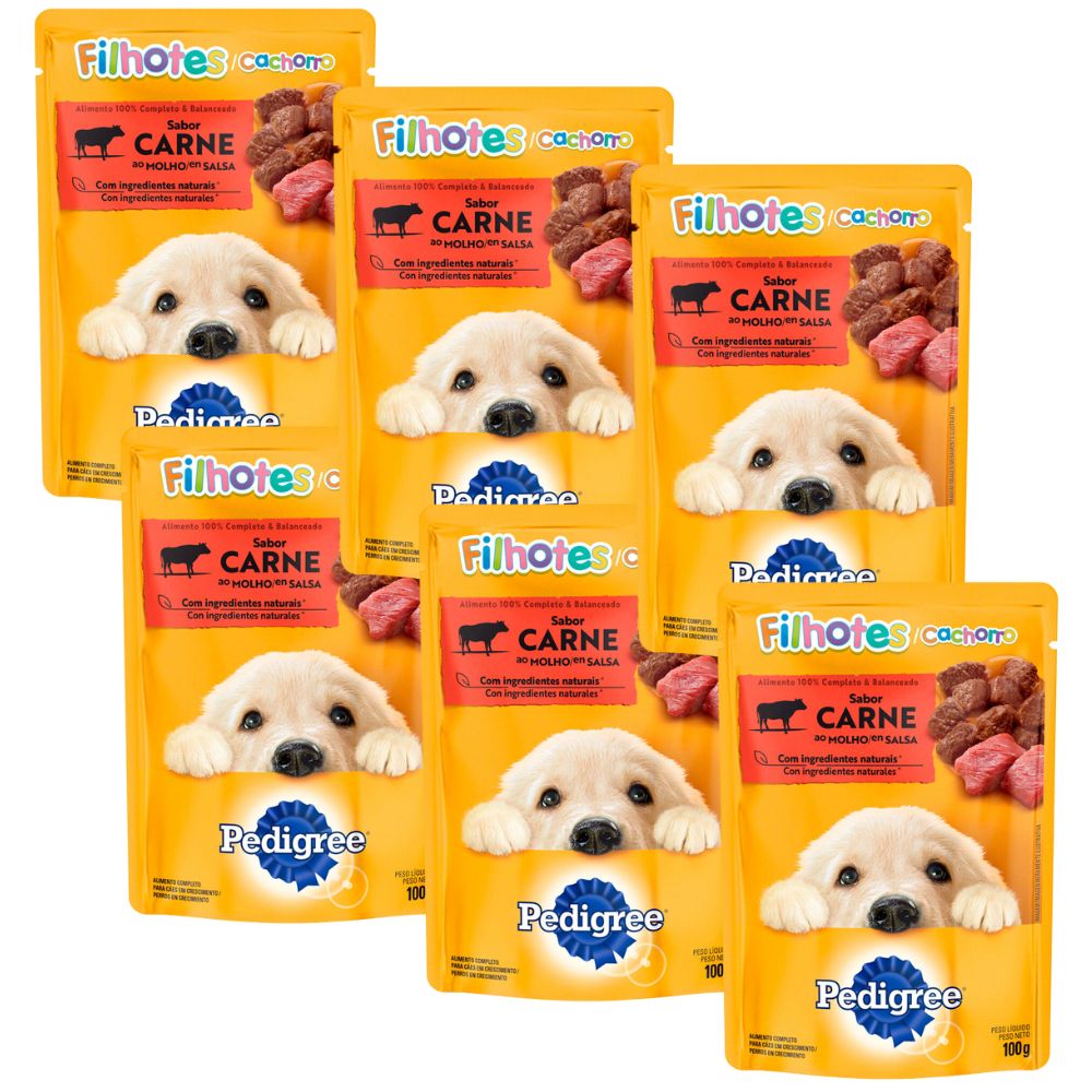 Kit 6 Ração Úmida Para Cachorro Pedigree Filhotes Sabor Carne Ao Molho Em Sachê 100g