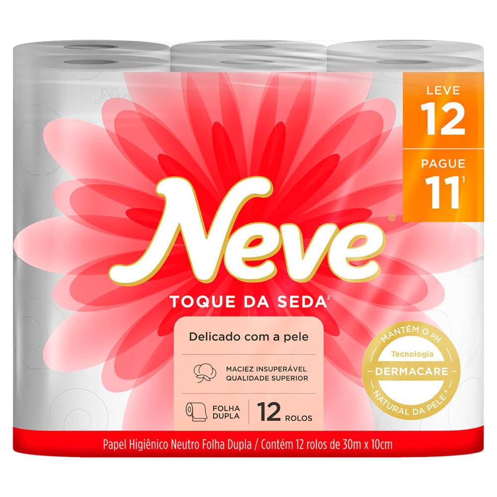 Papel Higiênico Neve Toque Da Seda Neutro Folha Dupla 30m Leve 12 Pague 11 Unidades