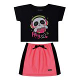 Conjunto Infantil Menina Panda Preto E Saia Rosa Neon