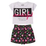 Conjunto Infantil Menina Girl Branco E Rosa Shorts Saia