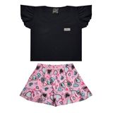 Conjunto Infantil Menina Básico Preto E Rosa Cropped