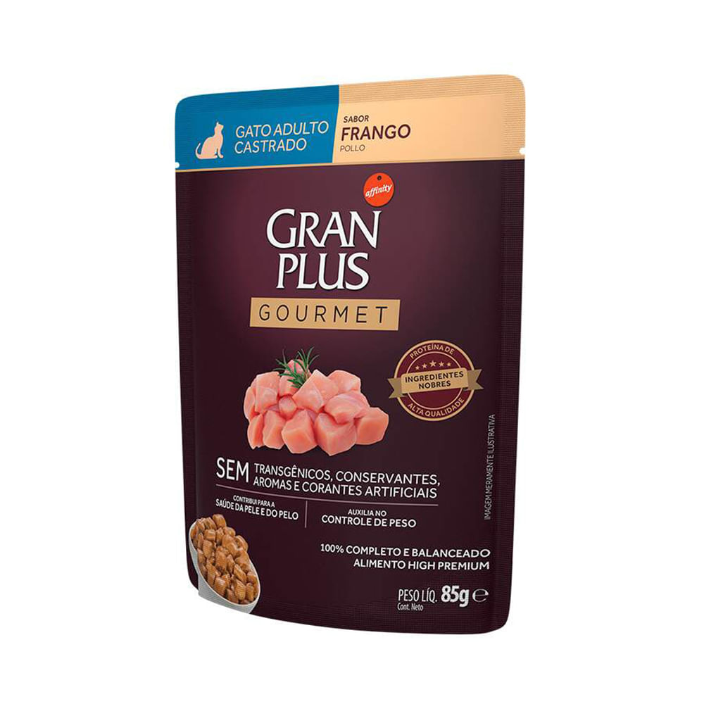 Kit 5 Ração Úmida Gran Plus Gourmet Gatos Adultos Castrado Frango Sachê 85g