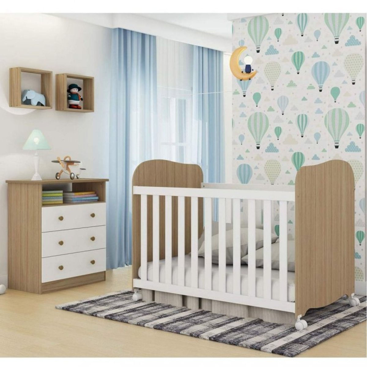 Quarto de Bebê com Berço Americano Cômoda 3 Gavetas e 2 Nichos Uli Móveis Peroba Branco/Carvalho