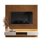 Painel Paris Grande 1.8 Tv Até 70 Polegadas Nicho Decorativo Fita Led 2 Gavetas Espaçosas - Tauari Ripado/off White Perolizado - Rpm Móveis