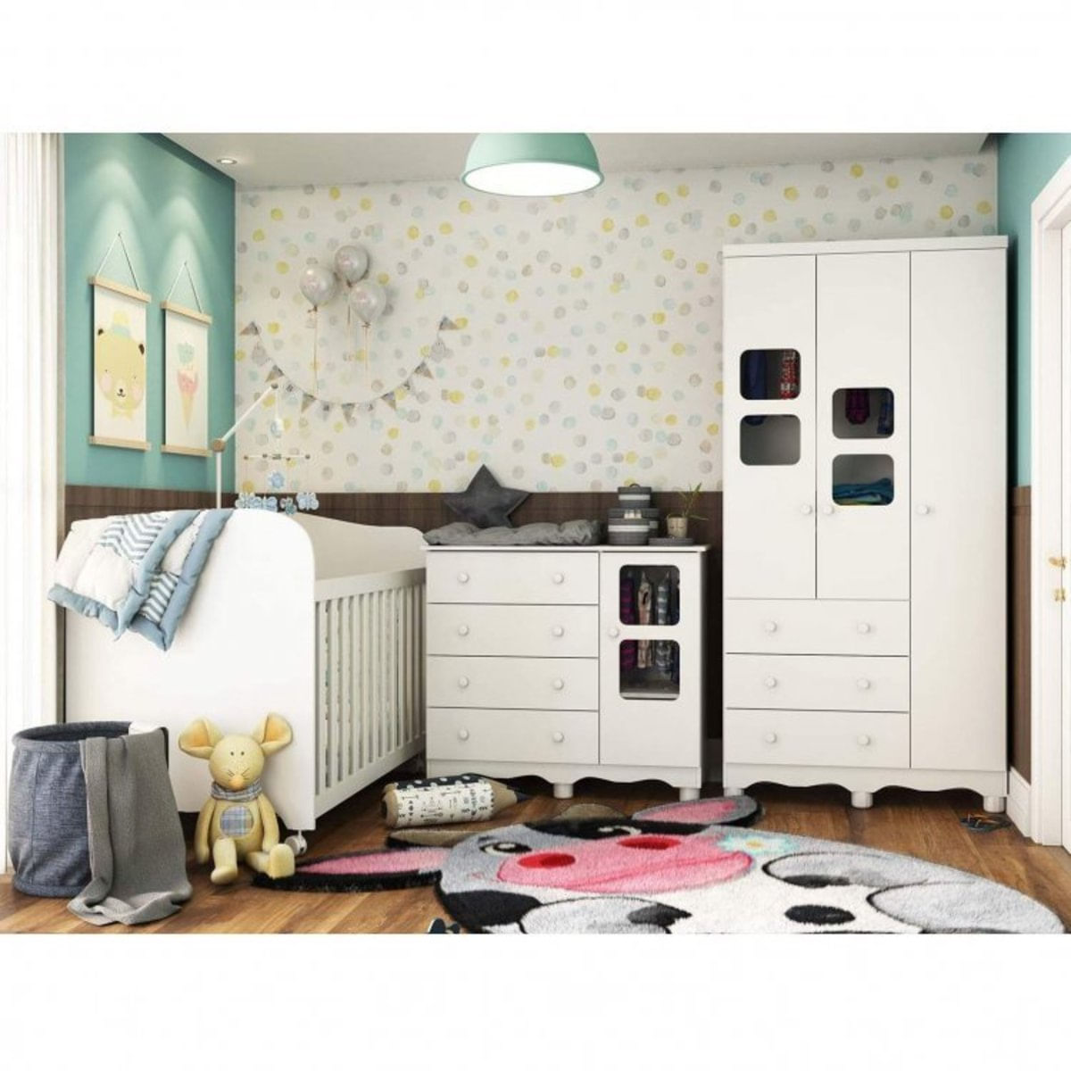 Quarto de Bebê com Guarda Roupa 3 Portas, Berço Americano e Cômoda Móveis Peroba Branco