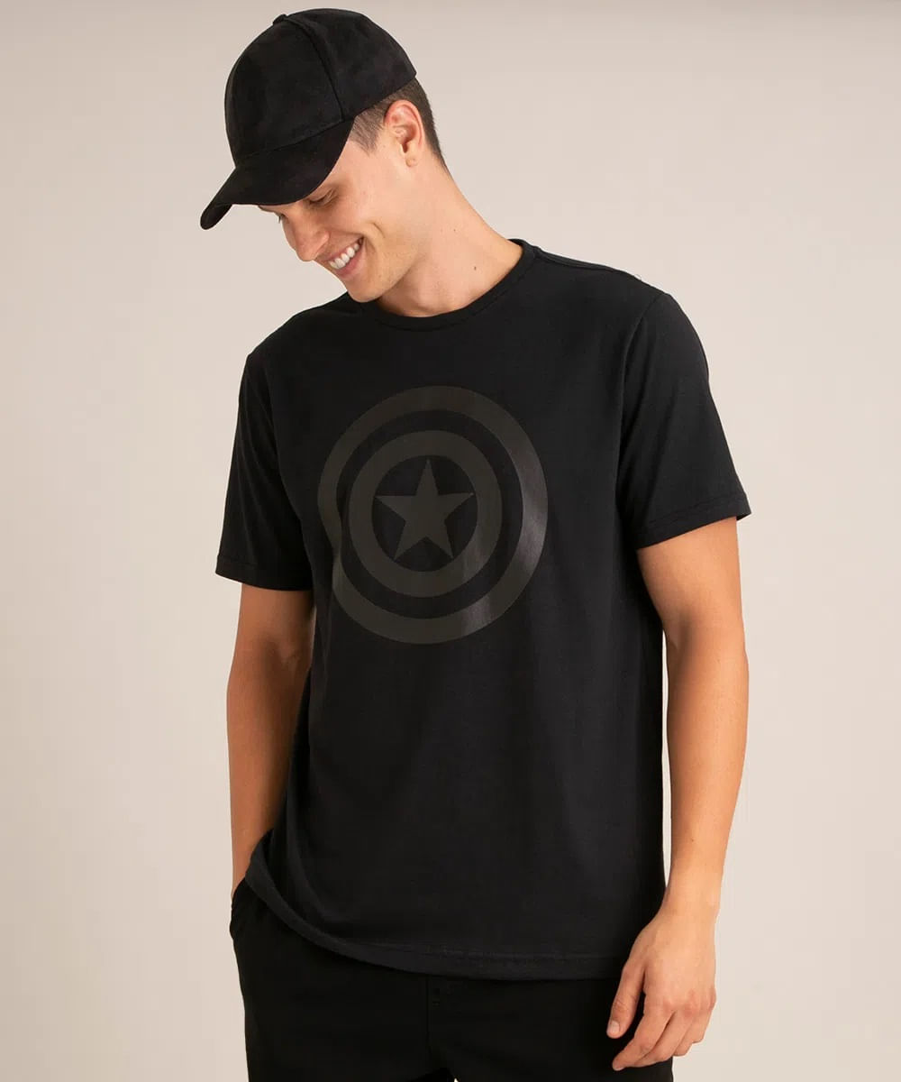 Camiseta Marvel Masculina Capitão América Manga Curta Preta