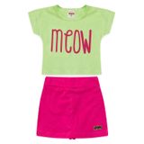 Conjunto Infantil Menina Meow Verde Com Shorts Saia