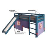 Cama Alta Kids Com Escorregador E Tenda Em Madeira Maciça/mdf Azul