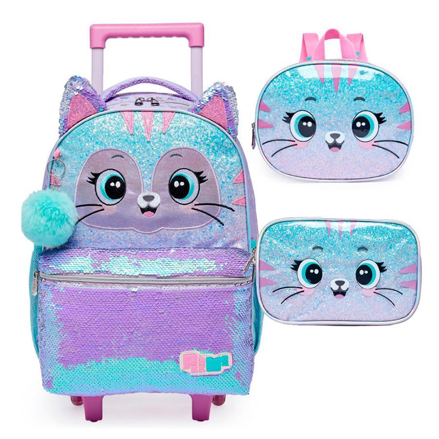 Mochila De Rodinha + Lancheira + Estojo Pack Me Cat Brilhosa