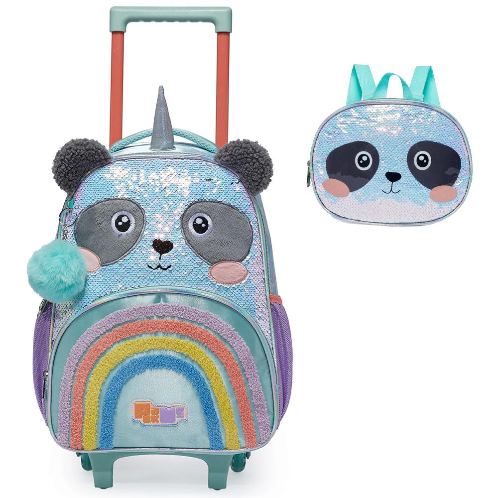 Kit Mochila De Rodinhas Lancheira Pack Me Sweet Panda Verde