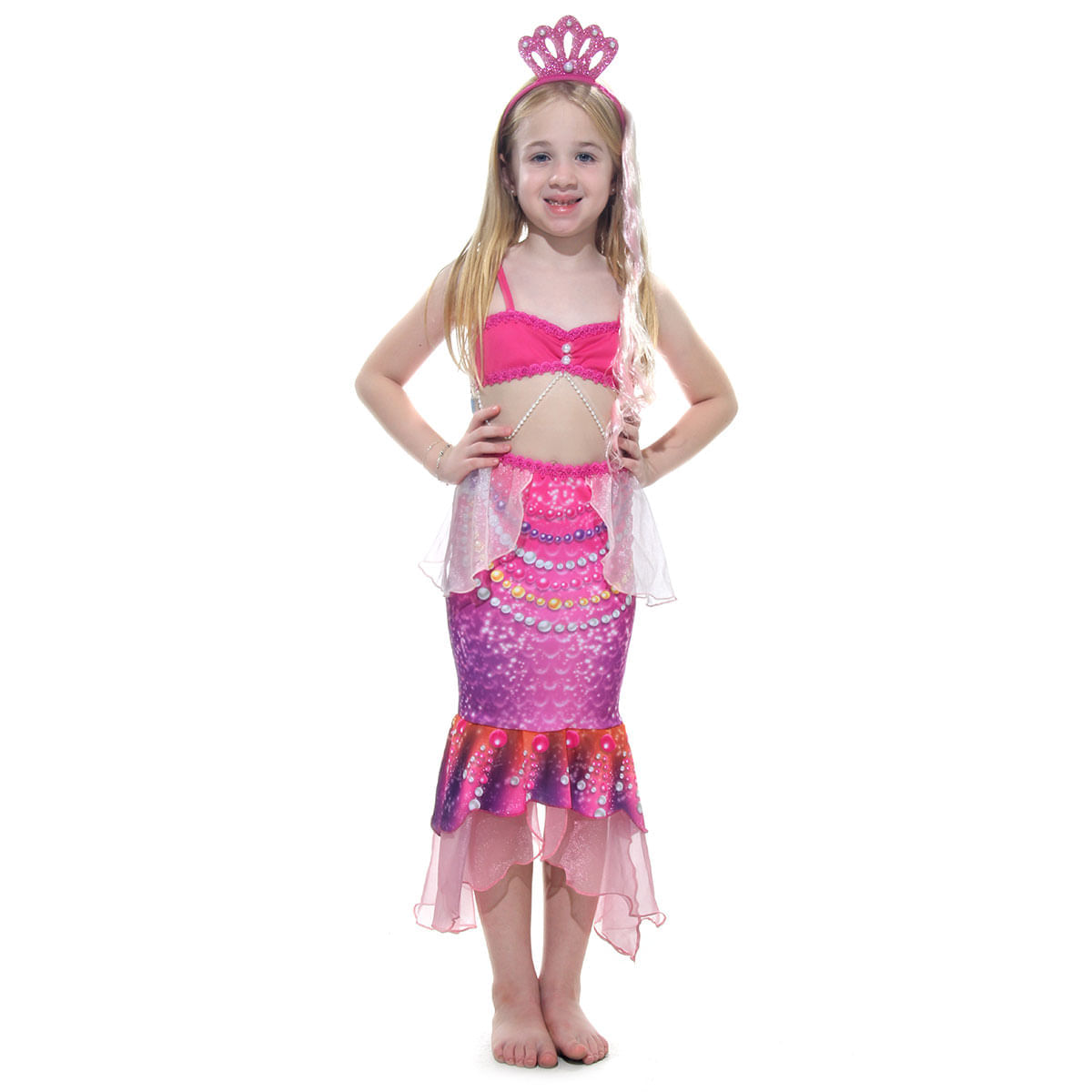 Fantasia De Carnaval Sereia Vestido Infantil De Pérola Tiara P