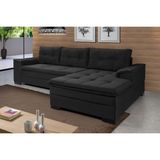 Sofá 3 Lugares com Chaise Suede Aveludado Império Estofados Preto