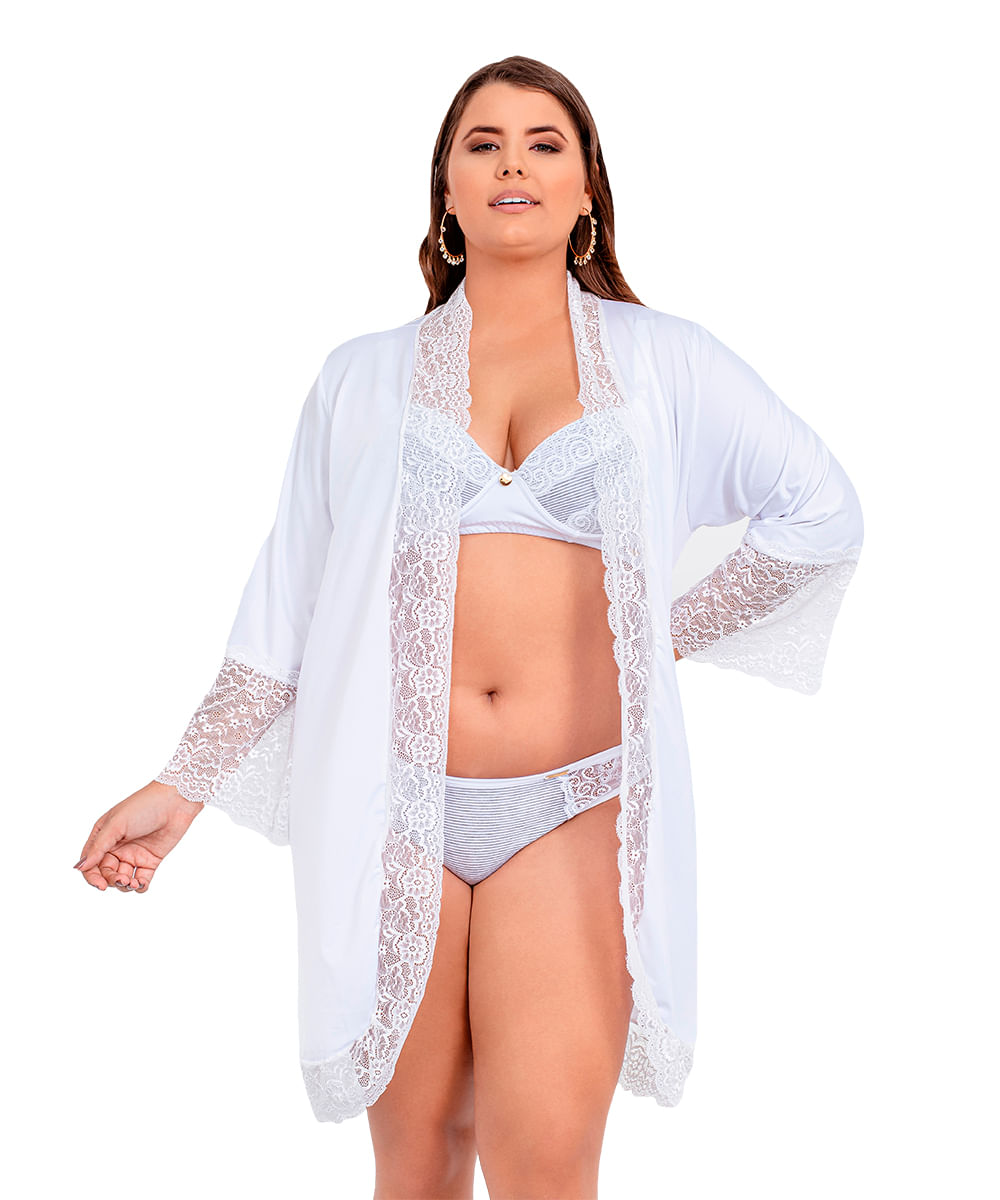 Robe Manga Longa Microfibra Renda Luxo Sexy Plus Size Florallys