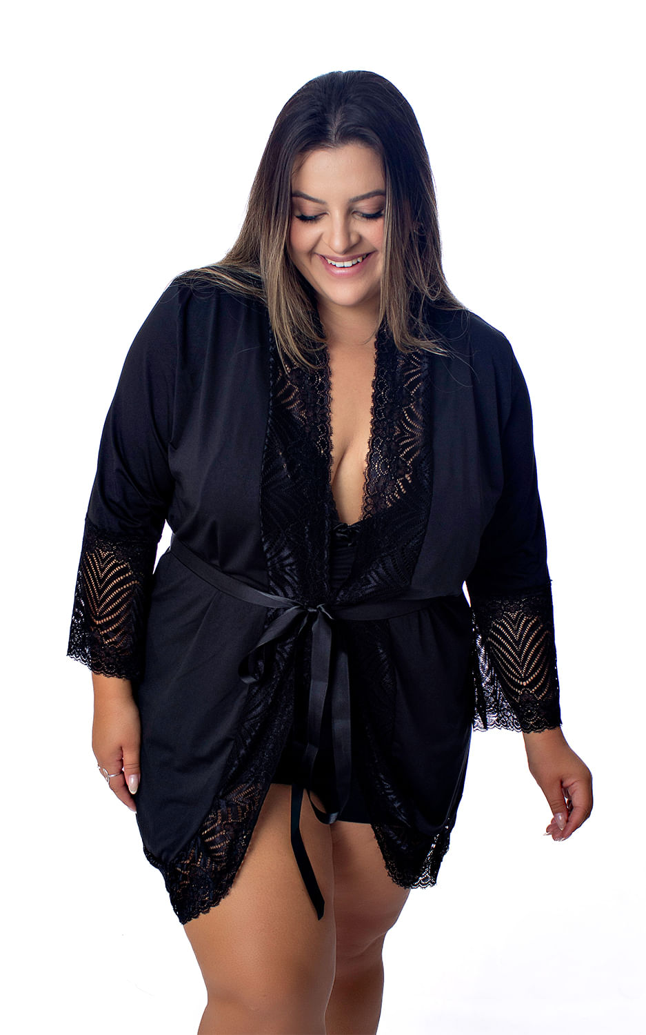 Robe Manga Longa Microfibra Renda Luxo Sexy Plus Size Florallys