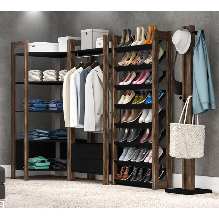 Conjunto Guarda Roupa Modulado Closet 4 Peças Az2 Preto Nogal Tecno Mobili