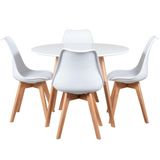 Mesa de jantar redonda 100 cm + 4 cadeiras estofadas Leda - Branco