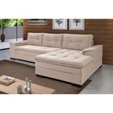 Sofá 3 Lugares com Chaise Suede Aveludado Império Estofados Areia