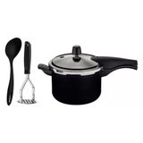 Jogo Panela Pressão Antiaderente 4,5l Preto Com Amassador Inox E Concha Tramontina