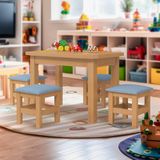 Mesinha Infantil Madeira Maciça 88x54 Com 4 Banquetas Nogueira Com Estofado Azul Puzao Shop Jm